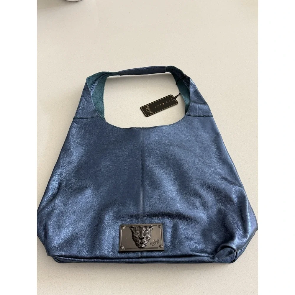 Sharif Legacy Pearlized Slouchy Leather Hobo with Wristlet Metallic Blue NWT